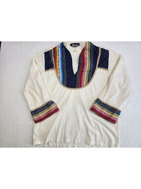 Vintage Mitziah Boho Hippie White Tunic Large Festival Aztec